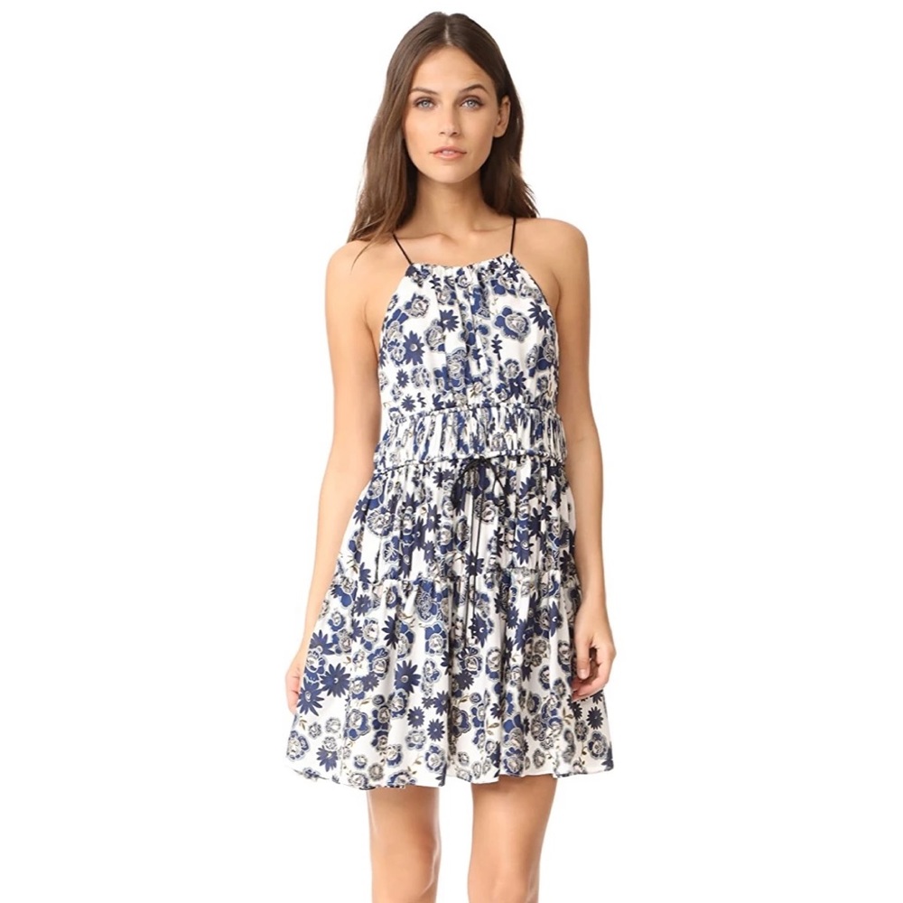 Cinq a sept blue lotus floral silk halter dress